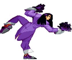  animated animated black_hair fighting_stance gloves idle_animation long_hair martial_masters one_leg_raised pixel_art purple_gloves purple_suit scorpion_(martial_masters) suit tailcoat 