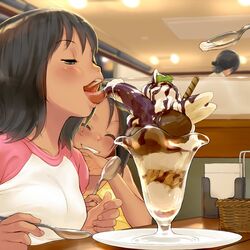  3girls ^_^ bad_id bad_twitter_id banana_split basket black_eyes black_hair blush booth_seating ceiling chocolate_syrup clenched_teeth closed_eyes food from_side grin half-closed_eyes hand_to_own_mouth holding holding_spoon ice_cream indoors kikurage_(crayon_arts) licking multiple_girls napkin open_mouth original parfait plate raglan_sleeves restaurant sexually_suggestive short_hair smile spoon sundae teeth tongue tongue_out wafer_stick whipped_cream 