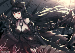  armor black_hair bow breasts chains cleavage collar gothic kantai_collection long_hair red_eyes seaplane_tender_hime tea_cake underwater water 