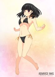  absurdres bare_legs barefoot beatmania_iidx bikini black_bikini black_hair blunt_bangs blush bouncing_breasts breasts female full_body halterneck highres hinazuki_ririna kinoshita_ichi large_breasts looking_at_viewer navel non-web_source parted_lips red_eyes side-tie_bikini_bottom solo strap_gap swimsuit underboob 