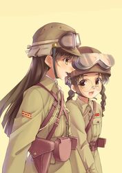  2girls absurdres belt black_hair braid brown_eyes commentary fukuda_haru girls_und_panzer glasses goggles goggles_on_headwear hat helmet highres holster imperial_japanese_army iwo_jima letters_from_iwo_jima long_hair longmei_er_de_tuzi military military_hat military_uniform multiple_girls nishi_kinuyo nishi_takeichi pouch real_life round_eyewear simple_background twin_braids uniform world_war_ii 