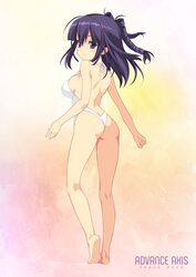  absurdres ass bare_back bare_legs barefoot beatmania_iidx breasts casual_one-piece_swimsuit contrapposto female from_behind full_body halterneck highres kinoshita_ichi kneepits large_breasts long_hair looking_back non-web_source one-piece_swimsuit purple_eyes purple_hair smile solo standing strap_gap swimsuit two_side_up umegiri_hifumi white_one-piece_swimsuit 