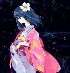  black_background blue_eyes blue_hair commentary_request dress female flower from_side hair_flower hair_ornament haori japanese_clothes kaze_tachinu kimono light_smile midori_(midolin_go) night obi profile sash satomi_naoko short_hair solo studio_ghibli wide_sleeves wind 