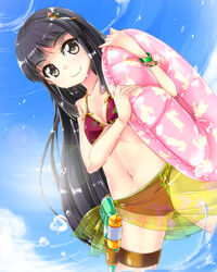  alternate_costume bikini black_eyes black_hair blush bracelet breasts commentary_request female hair_ornament hairclip houraisan_kaguya innertube jewelry long_hair looking_at_viewer navel photoshop_(medium) small_breasts smile solo swim_ring swimsuit t.o.d thigh_strap touhou water water_gun wet 