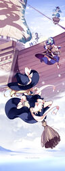  5girls aircraft airship animal_ears artist_name asymmetrical_wings basket blonde_hair blue_eyes blue_hair bow braid broom broom_riding cloud commentary_request dress flying food fruit grin hat highres hinanawi_tenshi hood hopeless_masquerade houjuu_nue jewelry kesa keystone kirisame_marisa kumoi_ichirin long_hair luckyia mini-hakkero mouse_ears mouse_tail multiple_girls murasa_minamitsu nazrin palanquin_ship peach photoshop_(medium) polearm ring smile socks tail thighhighs touhou trident weapon wings witch_hat 