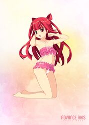  absurdres armpits arms_up bare_arms bare_legs bare_shoulders barefoot beatmania_iidx bikini collarbone criss-cross_halter female frills full_body gradient_background halterneck highres kinoshita_ichi kneeling long_hair looking_at_viewer open_mouth red_eyes red_hair simple_background solo swimsuit umegiri_ameto 