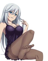  black_dress blue_eyes blush breasts cleavage dress feet hair_between_eyes hair_twirling la_folia_rihavein large_breasts long_hair looking_at_viewer pantyhose parted_lips short_dress sideboob silver_hair sitting sleeveless sleeveless_dress smile solo strike_the_blood transparent_background 