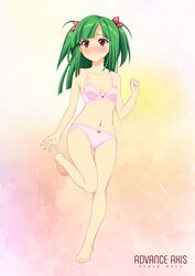  absurdres arm_at_side ass_visible_through_thighs bare_legs barefoot beatmania_iidx blunt_bangs blush bra breasts female food-themed_hair_ornament frown full_body green_hair hair_ornament highres hishimiya_tsugaru kinoshita_ichi long_hair non-web_source panties pink_bra pink_panties red_eyes small_breasts solo standing standing_on_one_leg strawberry_hair_ornament two_side_up underwear underwear_only 