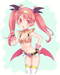  armor bikini_armor blush commentary_request demon_girl emelia_pris female fingerless_gloves gloves head_wings highres kyuuri_(miyako) long_hair low_wings navel open_mouth pink_eyes pink_hair pointy_ears pop-up_story solo thighhighs twintails white_thighhighs wings 