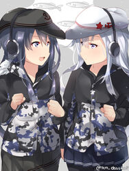  2girls :d akatsuki_(kancolle) bad_id bad_pixiv_id black_hat black_skirt blue_skirt blush camouflage camouflage_jacket clenched_hand clenched_hands closed_mouth commentary_request cowboy_shot earmuffs eye_contact fish flat_cap fur_trim grey_hair hair_between_eyes hammer_and_sickle hat hibiki_(kancolle) jacket juurouta kantai_collection long_hair long_sleeves looking_at_another matching_outfits multiple_girls open_mouth pleated_skirt purple_eyes purple_hair remodel_(kantai_collection) skirt smile star_(symbol) twitter_username verniy_(kancolle) verniy_(saury_festival)_(kancolle) white_hat 