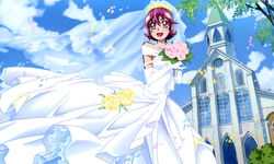  absurdres aged_up aida_mana alternate_hairstyle blue_sky bouquet bridal_gauntlets bridal_veil church cloud day dokidoki!_precure dress female flower half_updo highres lipstick makeup official_art open_mouth pink_eyes pink_flower pink_hair pink_rose precure rose short_hair sky smile solo ueno_ken veil wedding_dress white_dress wind yellow_flower yellow_rose 