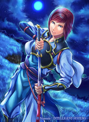  1boy armor blue_eyes brown_hair commentary_request company_name fire_emblem fire_emblem_cipher fire_emblem_fates grass hisame_(fire_emblem) japanese_armor katana kazura_enji male_focus moon night night_sky official_art sky solo star_(sky) sword weapon 