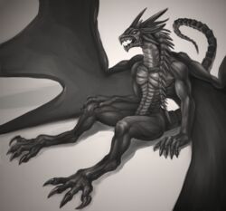  2015 abs anthro bahamut biceps biped claws digitigrade dragon european_mythology final_fantasy hi_res horn klongi male membrane_(anatomy) membranous_wings monochrome muscular muscular_anthro muscular_male mythological_creature mythological_scalie mythology nude open_mouth pecs pose scalie simple_background sitting solo square_enix tail western_dragon wings 