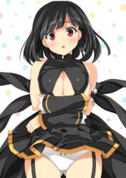  arm_warmers ass_visible_through_thighs bare_shoulders beatmania_iidx black_hair blush bow bow_panties breasts cleavage cleavage_cutout clothing_cutout crossed_arms female frills full_body garter_straps highres hinazuki_ririna kinoshita_ichi large_breasts long_hair open_mouth panties pleated_skirt polka_dot polka_dot_background red_eyes simple_background skirt sleeveless solo turtleneck underwear 