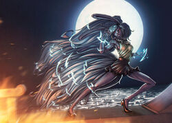  alternate_form big_hair black_footwear black_skirt body_fur breasts carrot_(one_piece) commentary daniel_vivas electricity english_commentary female fighting_stance full_body full_moon furry furry_female highres long_hair medium_breasts moon one_piece rabbit_girl rabbit_tail skirt sleeveless snout solo spoilers sulong_form tail very_long_hair 