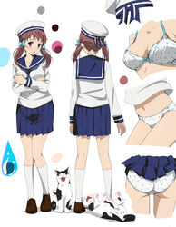  ass blush bow bow_bra bra breasts brown_hair cleavage clothes_lift color_guide commentary_request error_musume feline female hair_ribbon hat highres kantai_collection kneehighs kneeling_girl_(kancolle) loafers long_hair medium_breasts multiple_views navel no_pants panties photoshop_(medium) polka_dot polka_dot_bra polka_dot_panties pork_pie_sailor_hat revision ribbon sailor_hat school_uniform serafuku shoes shounan_ruizu skirt skirt_lift socks twintails underwear uniform white_bra white_legwear white_panties 