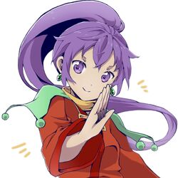  arc_the_lad breasts closed_mouth commentary_request crossed_bangs dot_nose earrings female fighting_stance hand_up high_ponytail jewelry kukuru_(arc_the_lad) long_hair long_sleeves looking_at_viewer purple_eyes purple_hair scarf short_eyebrows simple_background smile solo split_mouth surume_(surume_8738) upper_body v-shaped_eyebrows very_long_hair white_background wide_sleeves 