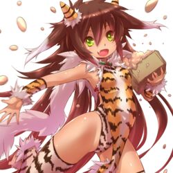  alternate_costume animal_print beans bella_(sennen_sensou_aigis) breasts brown_hair commentary_request cowboy_shot female fur_trim green_eyes highres long_hair multicolored_hair oerba_yun_fang sennen_sensou_aigis setsubun small_breasts solo tiger_print tsukigami_chronica two-tone_hair very_long_hair white_hair 