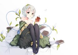  an-telin apple book dress flowers food fruit green_eyes jpeg_artifacts komeiji_koishi leaves pantyhose short_hair touhou white_hair 