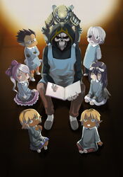  3girls 5boys aged_down ainz_ooal_gown albedo_(overlord) aura_bella_fiora black_hair black_wings blonde_hair book chibi cocytus_(overlord) commentary_request demiurge demon_girl demon_horns demon_wings glasses grey_hair heterochromia highres horns kindergarten_teacher kindergarten_uniform leveach looking_at_viewer mare_bello_fiore momon_(overlord) multiple_boys multiple_girls open_book open_mouth overlord_(maruyama) round_eyewear sebas_tian shalltear_bloodfallen simple_background smile white_hair wings 