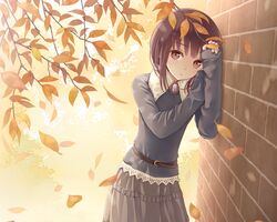  autumn brown_eyes brown_hair cropped leaves original short_hair skirt tokumaru waifu2x 