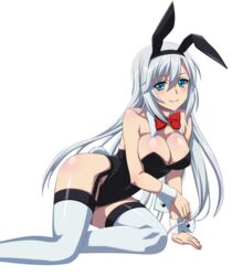  animal_ears black_hairband black_leotard blue_eyes blush bow bowtie breasts bunny_ears bunny_tail bunnysuit choker cleavage covered_navel eyebrows_visible_through_hair fake_animal_ears garter_straps hairband hairbow la_folia_rihavein large_breasts leotard long_hair looking_at_viewer red_bow shiny shiny_clothes shiny_skin silver_hair smile solo strapless strapless_leotard strike_the_blood tail thighhighs transparent_background very_long_hair white_legwear 