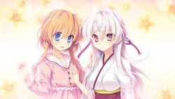  2girls applique blue_eyes blush breast_grab dress game_cg hana_no_no_ni_saku_utakata_no japanese_clothes kimono long_hair odawara_hakone orange_hair ouka_(hana_no_no_ni_saku_utakata_no) red_eyes short_hair white_hair yakushi_ryouko 