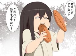  +tic_nee-san akagi_(kancolle) brown_eyes brown_hair commentary_request eating female food holding holding_food japanese_clothes kantai_collection long_hair muneate parody paundo2 plump solo tasuki teeth translation_request upper_teeth_only wide_sleeves 