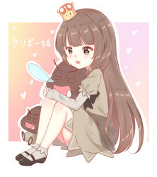  :o black_footwear blunt_bangs blush bobby_socks brown_eyes brown_hair brown_shirt brown_skirt closed_eyes commentary crown fangs female full_body goomba grey_legwear heart highres hug light_(luxiao_deng) long_hair long_sleeves looking_at_viewer mario_(series) mary_janes mini_crown new_super_mario_bros._u_deluxe nose_bubble open_mouth outline princess_goomba shirt shoes sitting skirt sleeping socks super_crown tilted_headwear translated v-shaped_eyebrows very_long_hair white_outline 