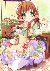  blush brown_hair commentary_request dress female flower flower_pot green_eyes kerchief kneeling long_hair moe2016 original photoshop_(medium) shoes short_sleeves smile solo thighhighs twintails yumemiya_subaru 