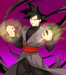  1boy black_eyes black_hair bodysuit dougi dragon_ball dragon_ball_super eyebrows gokuu_black grin jewelry matching_hair/eyes navel potara_earrings single_earring solo spiked_hair spiky_hair teeth 