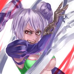  blade breasts eyelashes female highres murasaki-sin open_mouth purple_hair red_eyes solo soul_calibur soulcalibur_v tira tira_(soulcalibur) twintails underboob weapon 