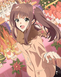  brown_hair christmas christmas_ornaments coat commentary_request dutch_angle female foreshortening green_eyes long_hair looking_at_viewer official_art okamoto_miyu open_mouth pointing scarf solo twintails wake_up_girls! wake_up_girls!_stage_no_tenshi 