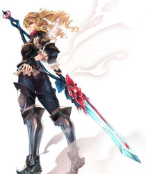  armor blonde_hair blue_eyes commentary_request drill_hair fantasy_earth_zero female from_behind full_body gem glaive_(polearm) greaves hand_on_own_hip highres holding holding_weapon lips looking_at_viewer looking_back parted_lips polearm ryouku short_hair solo standing teeth twin_drills weapon wrist_guards 