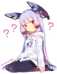  ? bad_id bad_twitter_id female grey_hair headgear hood hoodie kantai_collection kneeling long_hair murakumo_(kancolle) natsumi_(natumi06) orange_eyes pantyhose solo 