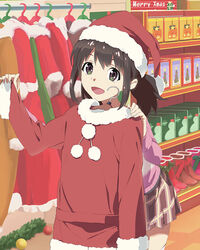  :d brown_eyes brown_hair christmas clothes commentary_request cowboy_shot female hat katayama_minami leaning_forward long_hair looking_at_viewer official_art open_mouth plaid plaid_skirt ponytail santa_costume santa_hat short_hair skirt smile solo thighhighs wake_up_girls! wake_up_girls!_stage_no_tenshi 