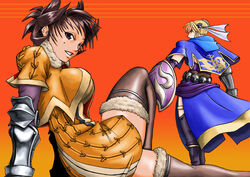  2girls alternate_costume arm_support armor blonde_hair blue_eyes brown_eyes brown_hair brown_legwear from_behind fur_trim hair_up leaning_back legs_crossed looking_at_viewer looking_back mole multiple_girls nigtouab shield sitting sophitia_alexandra soul_calibur soulcalibur_iii standing thighhighs tira tira_(soulcalibur) 