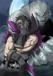  1boy belt black_gloves black_hair claws covering_face fur_trim gloves hand_on_own_face jojo_no_kimyou_na_bouken looking_at_viewer multicolored_hair muscle nigtouab open_clothes parody silver_hair soul_calibur soulcalibur_v teeth vest wolf zwei_(soulcalibur) 