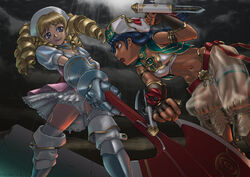  2girls armor axe black_hair blonde_hair blue_eyes brown_eyes crossover dark_skin drill_hair dual_wielding earrings eye_contact fighting fingerless_gloves gloves hat jewelry jun_(blue) long_hair looking_at_another midriff multiple_girls navel open_mouth panties pantyshot pantyshot_(standing) queen&#039;s_blade see-through skirt smile soul_calibur soulcalibur_iv standing talim tonfa underwear weapon white_legwear white_panties ymir ymir_(queen&#039;s_blade) 