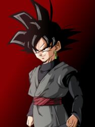  1boy black_eyes black_hair closed_mouth dougi dragon_ball dragon_ball_super earrings eyebrows gokuu_black jewelry matching_hair/eyes potara_earrings saiyan simple_background single_earring solo spiked_hair spiky_hair 