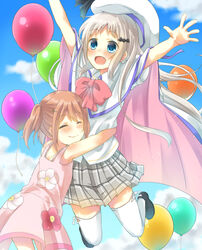  2girls absurdres arizuki_shiina arms_up bat_hair_ornament blue_eyes brown_hair cape closed_eyes cloud commentary_request day dress floral_print hair_ornament hat highres hug jumping kud_wafter legs_up little_busters! long_hair multiple_girls noumi_kudryavka oerba_yun_fang open_mouth outdoors pink_dress plaid plaid_skirt shirt skirt sky smile sundress thighhighs white_cape white_legwear white_shirt youyi_(yui010321) 