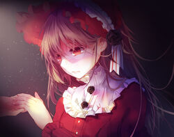  bad_end brown_hair commentary_request female flower goldia_die_heilige headdress high_collar highres kirame_kirai long_hair long_sleeves official_art photoshop_(medium) pocket_mirror red_eyes rose solo spoilers 