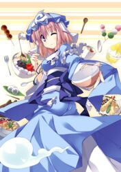  :t anmitsu_(dessert) ass blue_bow blue_dress bow bowl chawanmushi_(food) chopsticks commentary_request cup dango dress dress_bow eating egg female food food_on_face fork from_behind fruit hat holding holding_chopsticks japanese_clothes looking_back mitarashi_dango mizushingenmochi mob_cap mushroom nabe one_eye_closed outstretched_arm pink_hair purple_eyes rice rice_bowl rice_on_face saigyouji_yuyuko sanshoku_dango shaved_ice shiitake short_hair shrimp shrimp_tempura skewer solo spoon strawberry t-ray tempura touhou triangular_headpiece wagashi wooden_spoon 