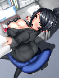  at_computer bijin_onna_joushi_takizawa-san black_hair blush breasts chair cleavage collarbone commentary_request computer computer_mouse desk earrings female folder formal from_above hair_bun highres holding holding_paper jewelry laptop large_breasts looking_at_viewer looking_back mature_female mole mole_under_mouth office_chair office_lady open_mouth outstretched_hand panties paper single_hair_bun solo swept_bangs swivel_chair takizawa_kyouko tama_(tamakaka1031) underwear yellow_eyes 