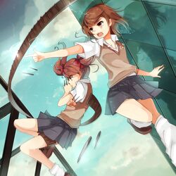  2girls ankle_socks brown_eyes brown_hair brown_sweater_vest cloud commentary_request highres holster kneehighs loafers long_hair misaka_mikoto multiple_girls nail namiey school_uniform serafuku shirai_kuroko shoes short_hair skirt sky socks summer_uniform sweater_vest thigh_holster toaru_kagaku_no_railgun toaru_majutsu_no_index tokiwadai_school_uniform twintails uniform 