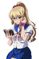  aiba_asagi blue_skirt book brown_eyes earrings glasses hair_ornament hair_scrunchie hand_in_hair high_ponytail holding holding_book jewelry light_brown_hair long_hair open_book parted_lips pleated_skirt reading red_ribbon ribbon saikai_academy_uniform school_uniform scrunchie serafuku shirt short_sleeves skirt solo standing strike_the_blood transparent_background white_shirt 