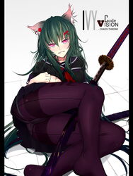  animal_ears ass black_pantyhose blush cat_ears commentary_request female green_hair highres illusionk katana long_hair looking_at_viewer original panties panties_under_pantyhose pantyhose pink_eyes school_uniform skirt solo sword thighband_pantyhose underwear very_long_hair weapon 