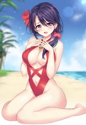  bad_id bad_twitter_id barefoot beach blush breasts cleavage day female fingers_together flower hair_flower hair_ornament hair_over_shoulder large_breasts long_hair looking_at_viewer mahou_shoujo_madoka_magica mahou_shoujo_suzune_magica mikoto_tsubaki one-piece_swimsuit outdoors palm_tree ponytail purple_eyes purple_hair red_one-piece_swimsuit senri_gan sitting solo swimsuit tree wariza water 