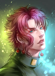  1boy aqua_eyes blue_eyes chinese_commentary commentary_request dkaki earrings gakuran green_eyes jewelry jojo_no_kimyou_na_bouken kakyoin_noriaki male_focus pink_hair realistic school_uniform solo stardust_crusaders 