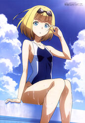  :o absurdres arm_support blonde_hair blue_eyes blue_one-piece_swimsuit blunt_bangs blush bob_cut breasts chestnut_mouth cloud competition_swimsuit day female goggles goggles_on_head hand_up heavy_object highleg highleg_swimsuit highres legs legs_together looking_at_viewer magazine_scan megami_magazine milinda_brantini official_art one-piece_swimsuit open_mouth outdoors sakamoto_tetsuya scan short_hair sitting sky small_breasts solo sun surprised swimsuit wet wide-eyed 